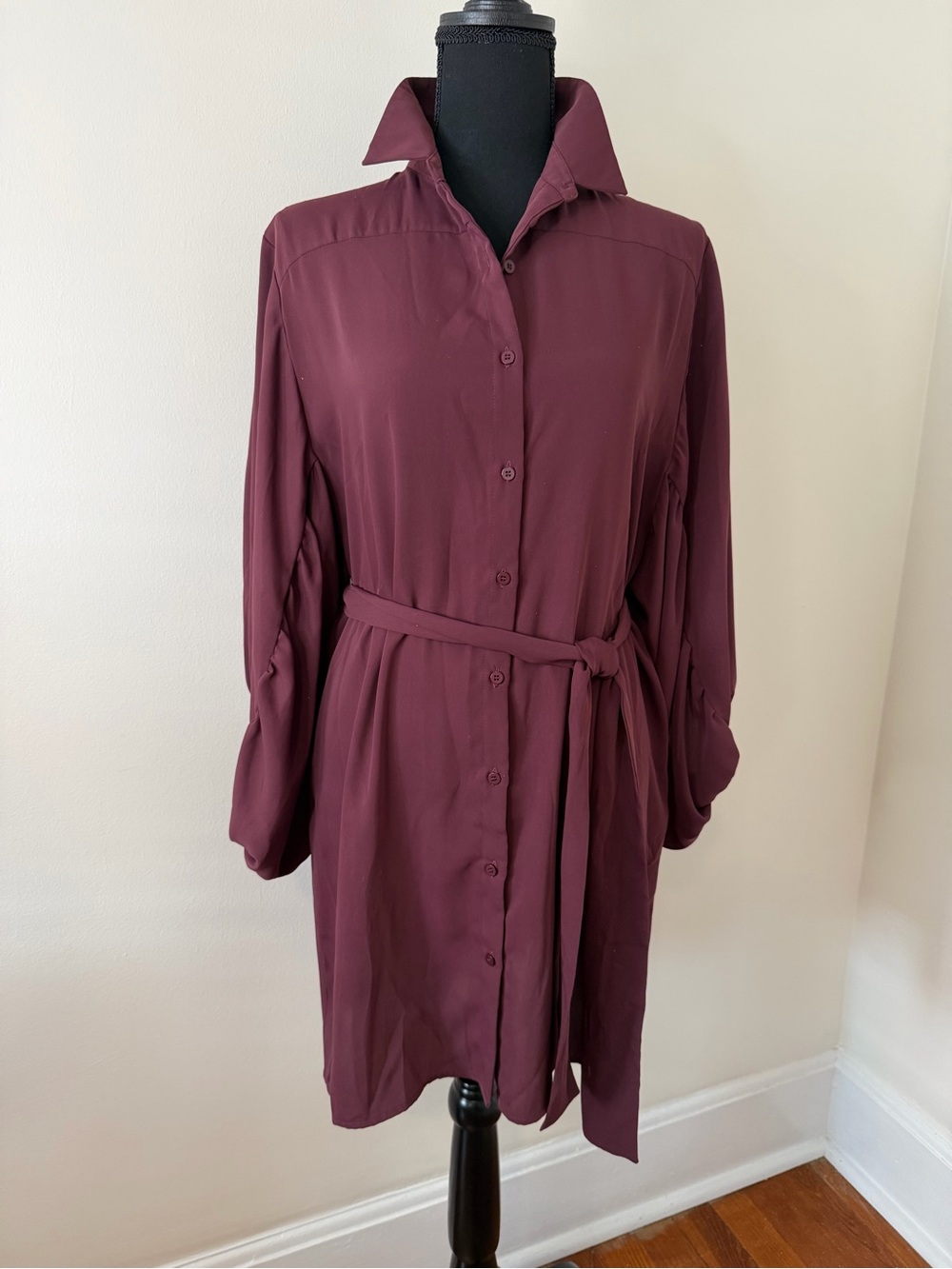19 Cooper Burgundy Long-Sleeve Button-Up Shirt Dress with Waist Tie